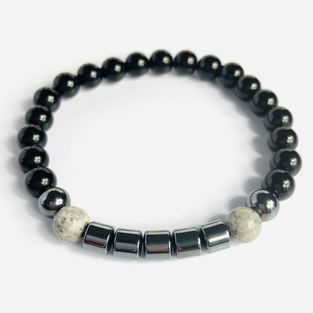 GEMSTONE Mens Black Onyx Hematite Beaded Bracelet